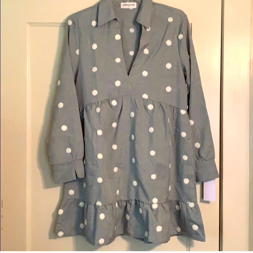 Goodnight Macaroon Polka Dot Long Sleeve V-Neck Collared Dress